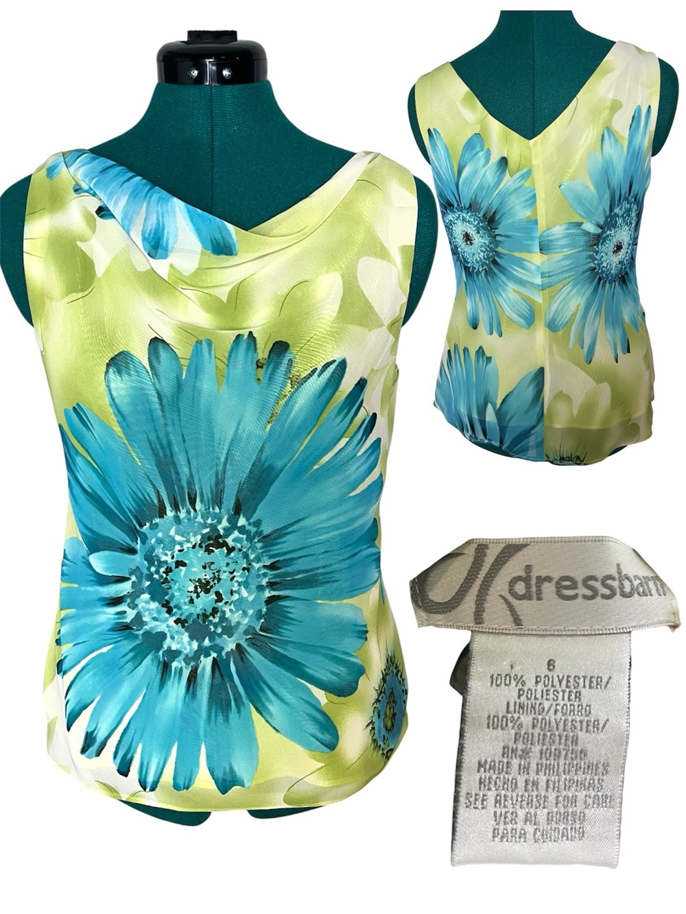 Y2K Women's Green & Turquoise Floral Sleeveless Cowl Neck Top bright